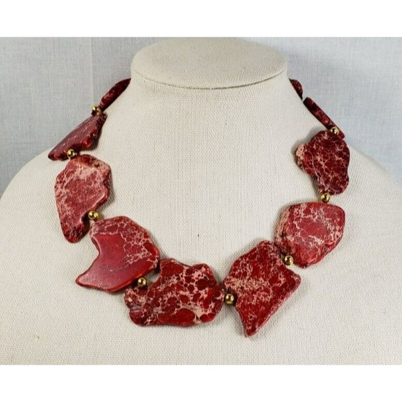 Red Jasper Natural Stone Slabs Slices Statement Sterling Silver Necklace NWOT - Picture 1 of 16